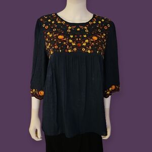 TEA N ROSE Floral Embroidered Navy Blue Half Sleeve Swiss Dot Boho Top